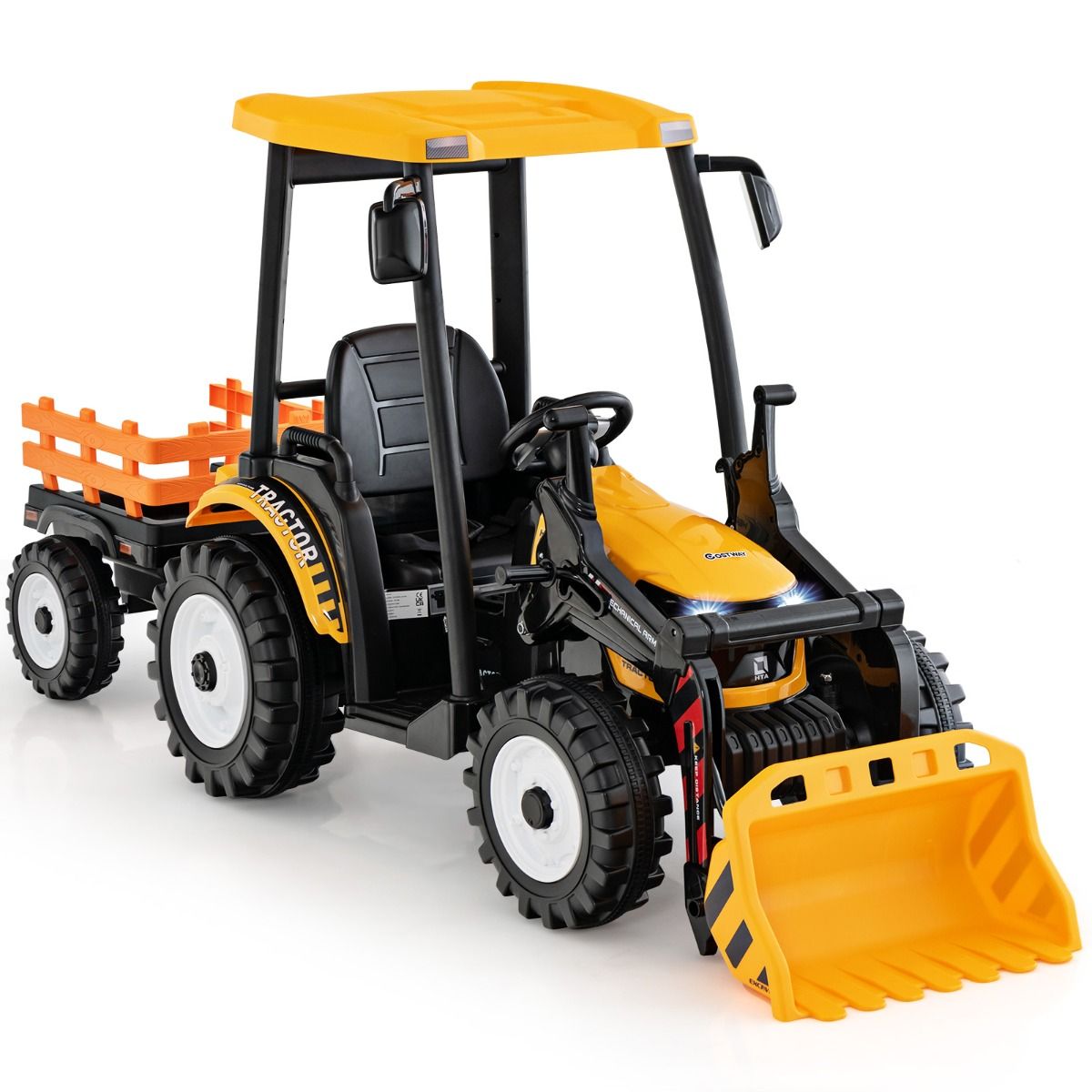 12V Electric Tractor for Children with Detachable Shovel & Trailer, 6-Wheel Electric Vehicle with Remote Control & Music, 3-6 km/h for Ages 3-8, Yellow/Green