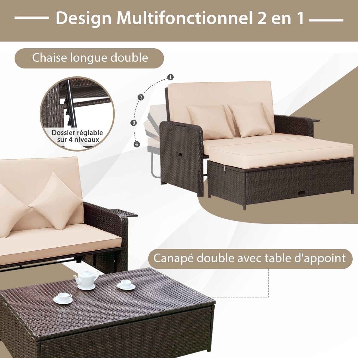 Adjustable Outdoor Garden Lounge Set with Bed, 2-Seater with Hidden Storage, 4-Level Adjustable Backrest in PE Rattan -
