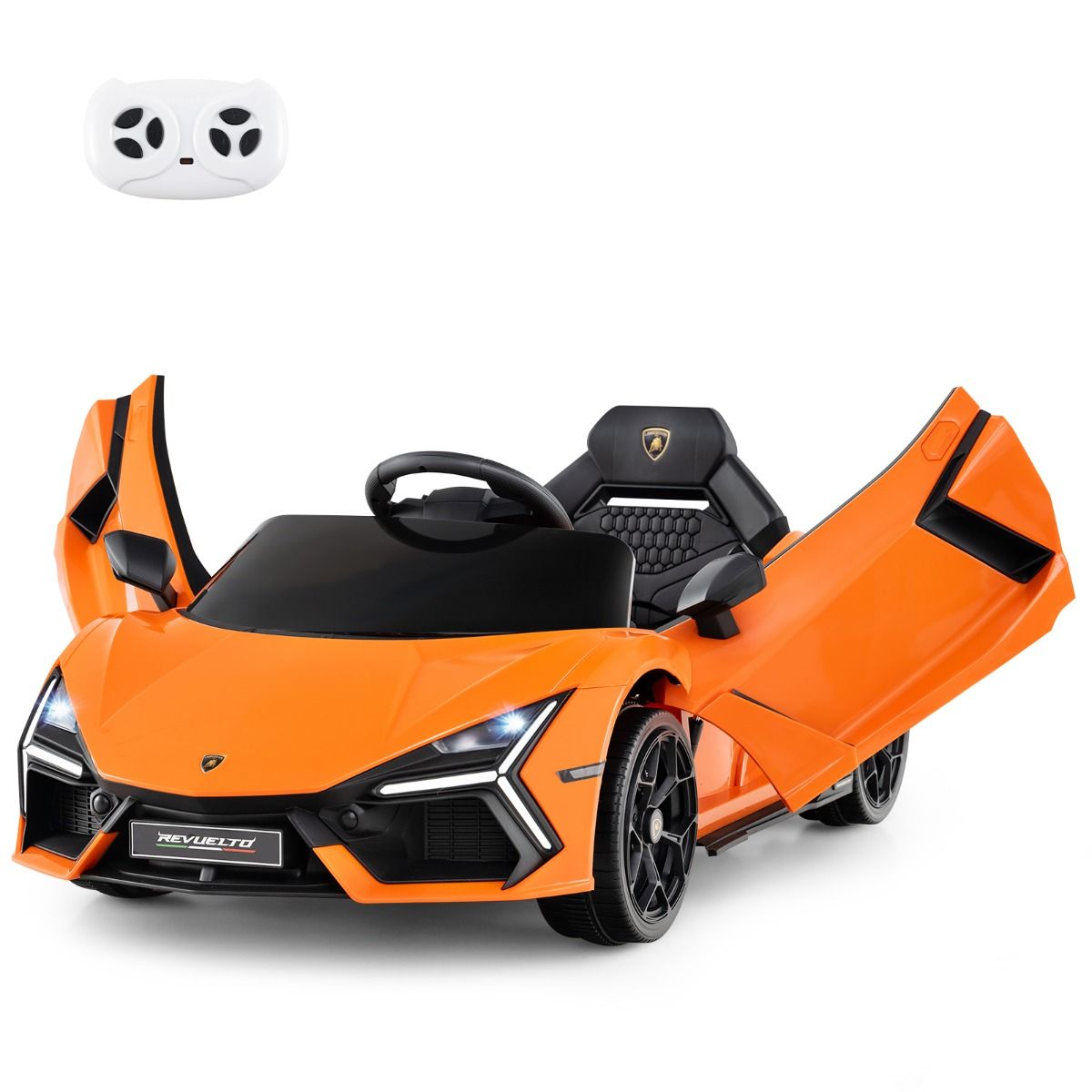 Revuelto Licensed 12V Electric Ride-On Car for Children with Remote Control and Hydraulic Doors, Suitable for Ages 37-95 Months, Grey/Orange