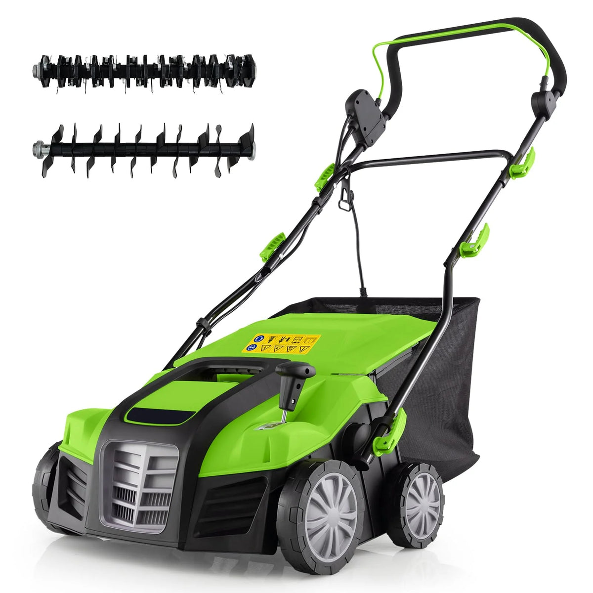 2-in-1 Electric Scarifier and Lawn Dethatcher, 16-Inch 15A Corded Dethatcher with 14.5-Gallon Collection Bag