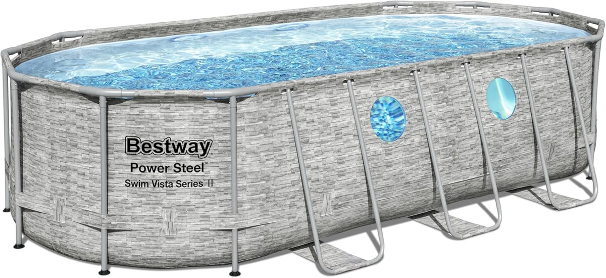 56946 Power Steel? Swim Vista oval pool 488 x 305 x 107 cm rattan pattern with portholes, sand filtration, ladder, cover and Chemconnect? diffuser