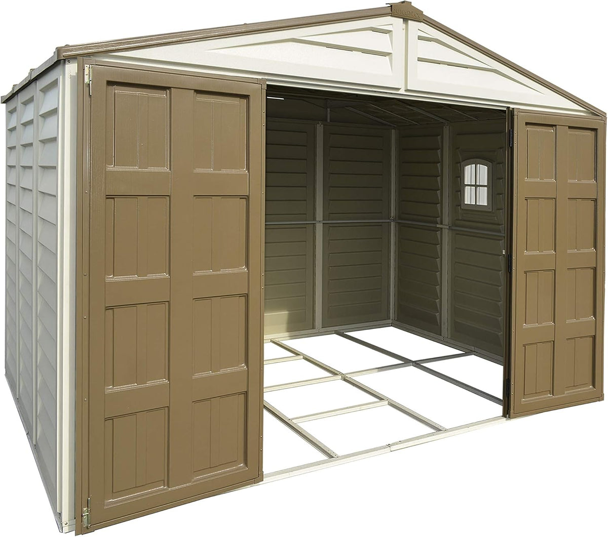 Duramax WoodBridge Plus 10 x 8 (7.64 m2) Plastic Garden Shed with 1 Fixed Window and Metal Foundation Kit, Sturdy Metal Roof Structure and Maintenance-Free Garden Shed - Ivory/Brown