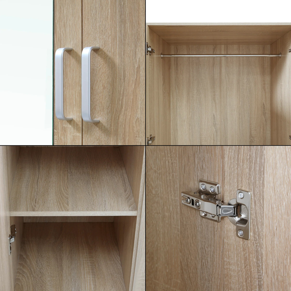 Modern wardrobe bedroom cabinet, timeless storage unit, 5 shelves, 3 drawers + mirror, MDF, 176 x 120 x 52 cm, Sonoma oak effect, 03_0006369