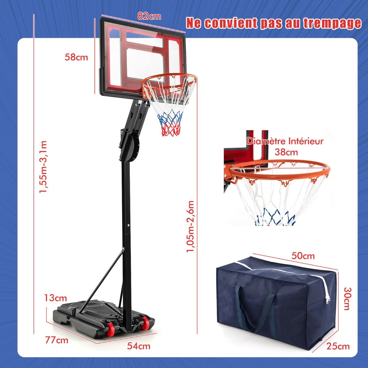 Freestanding Basketball Hoop with Adjustable Height 1.55-3.1m, Basketball Stand with PE Backboard for Children, Yellow