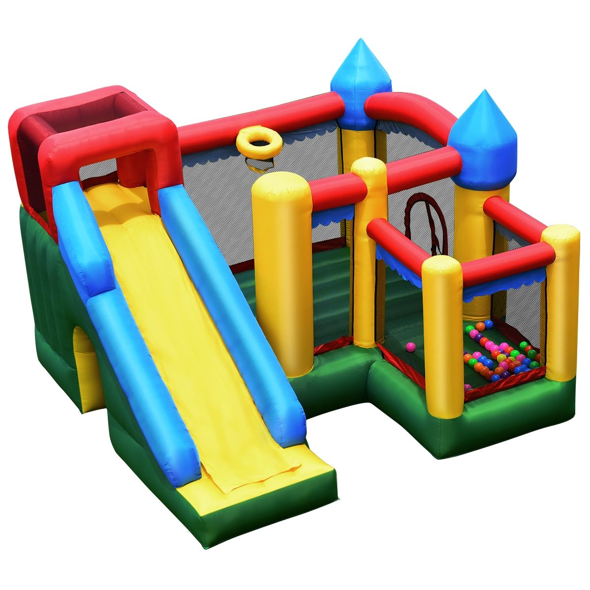 4-in-1 Inflatable Castle for Children 3-10 Years Old with Slide, Jumping Area, Climbing Wall, Basketball Hoop -