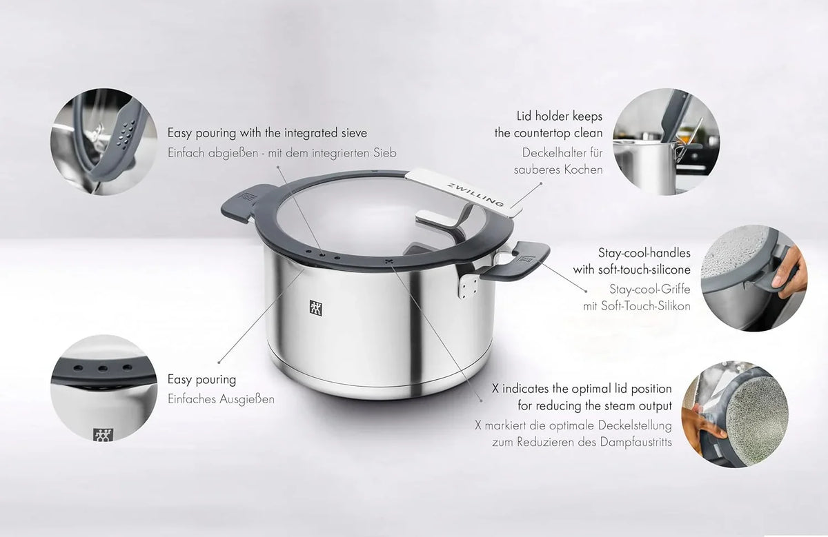 ZWILLING Simplify Kochtopf-Set 5-teilig, Mit Ausgie?funktion, Stay-Cool-Griffe, Induktionsgeeignet, Edelstahl, Silber