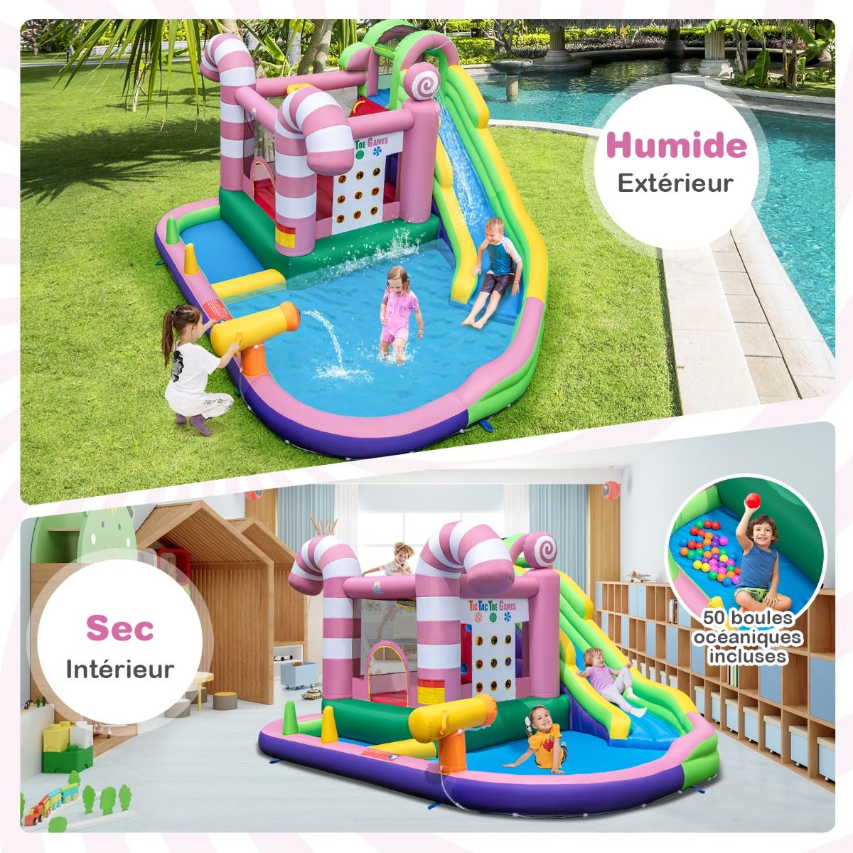 9-in-1 Candy-Shaped Inflatable Castle with Slide, Inflatable Jump House with Water Gun, 90kg Load Capacity for 2 Children Aged 3-10 Years -