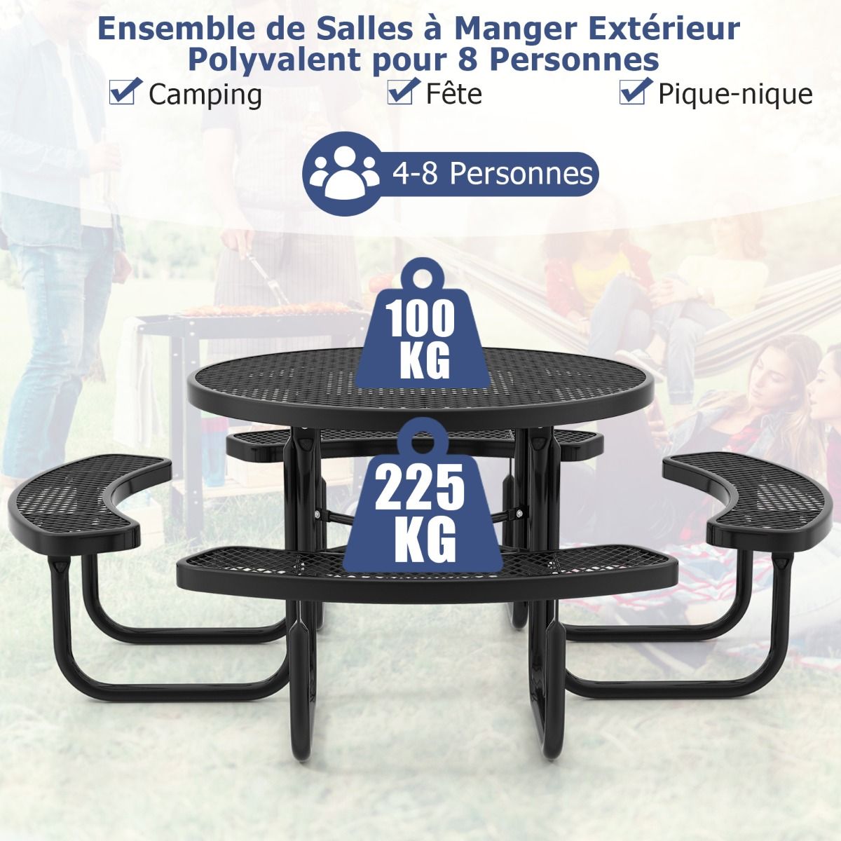 Round Picnic Table with 4 Built-in Benches for 8 People, Metal Camping Table with Seats and Parasol Hole, 202x75cm, Black