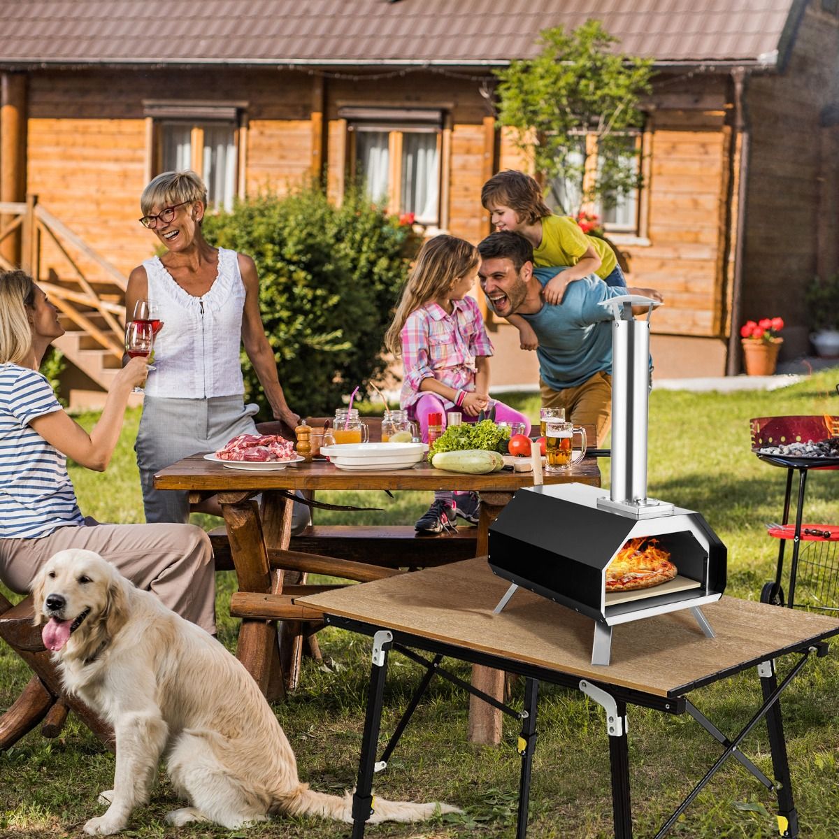 Outdoor Stainless Steel Pizza Oven with 30.5cm Pizza Stone, Wood-Fired Pizza Oven with Peel, Fireguard, and Folding Legs