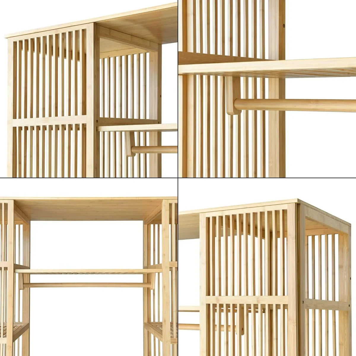 en.casa Armario para Ropa con 2 Puertas Deslizantes Clóset con 12 Estantes y 1 Barra de Colgar Perchero de Bambú 185 x 140 x 45 cm Natural