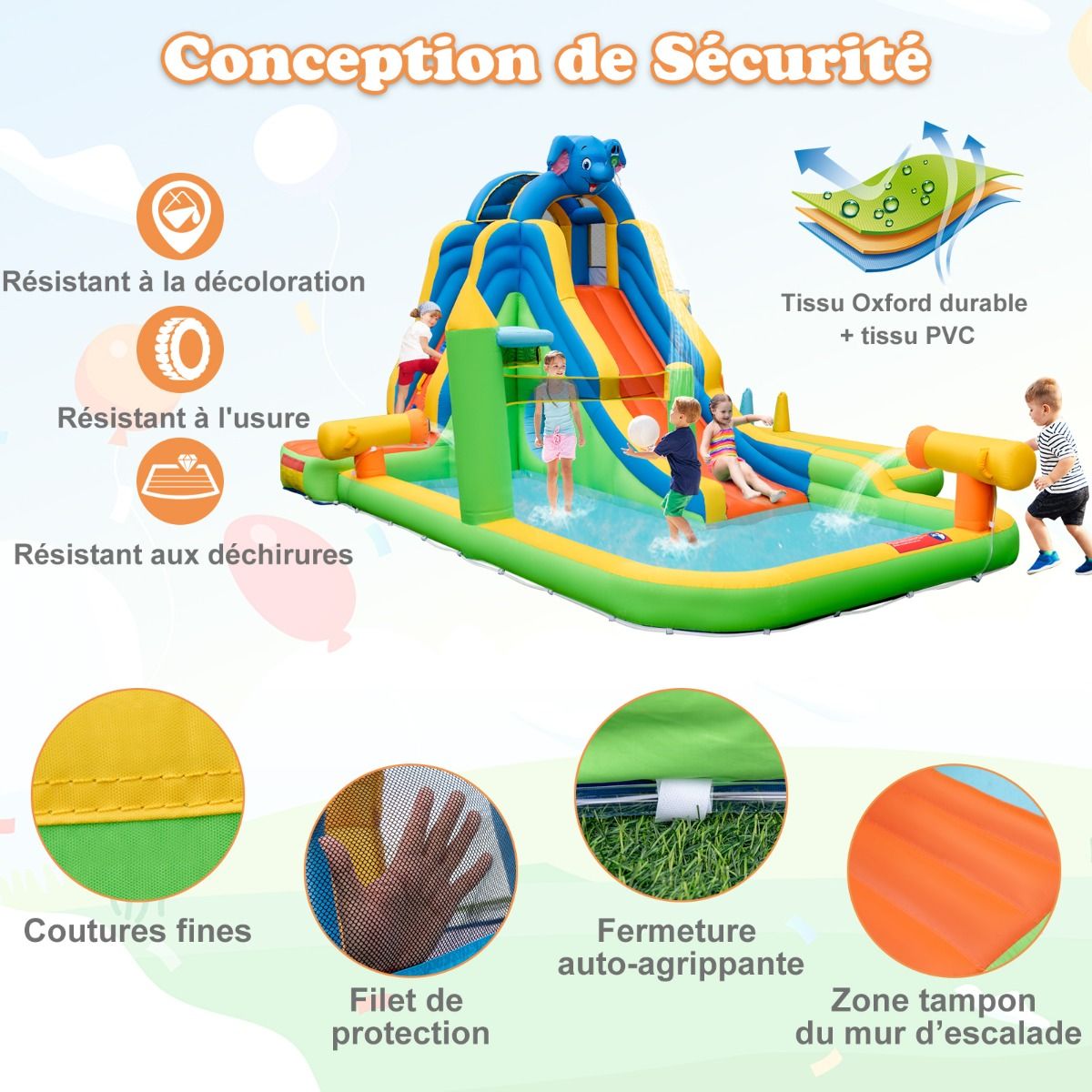 Giant Inflatable Water Slide for Children, Safe Splash Pool, Climbing Wall, Water Cannons, Ring Toss, Hoop (Blower Not Included), Multicolored