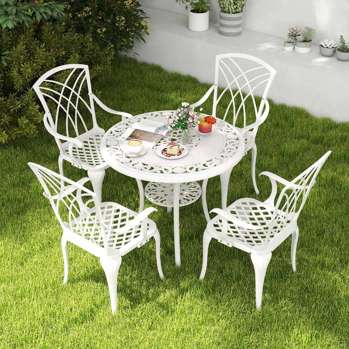 5-Piece Cast Aluminum Garden Furniture Set with Parasol Holes, Adjustable Footrests, Round Table and 4 Chairs, White -