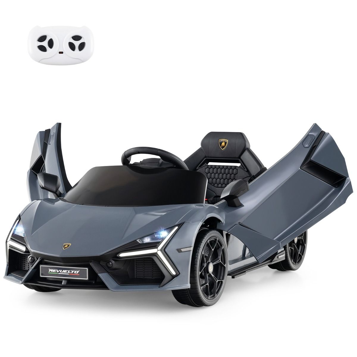 Revuelto Licensed 12V Electric Ride-On Car for Children with Remote Control and Hydraulic Doors, Suitable for Ages 37-95 Months, Grey/Orange