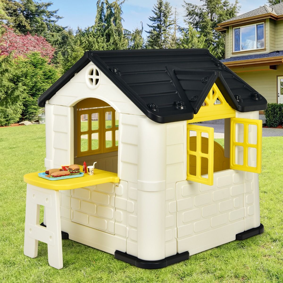Chef House - Burger Bar Theme - UV-Resistant Plastic Garden Shed Picnic Table 164x124x132 cm Blue/Pink/Yellow -