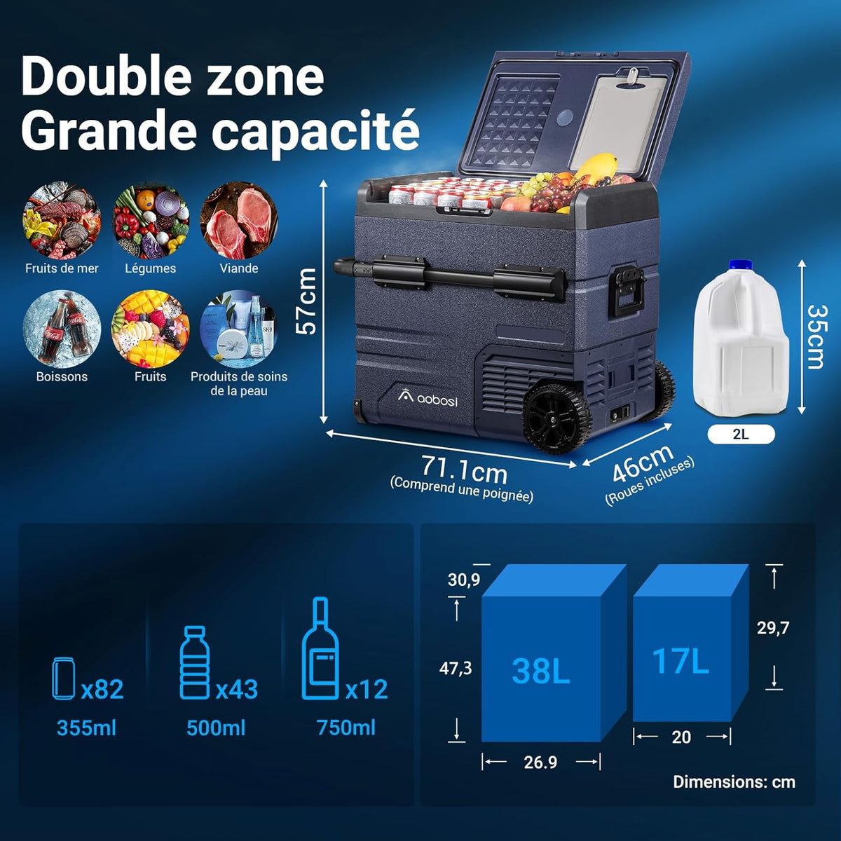 115L Dual Zone Electric Cooler, WiFi APP Compressor Cooler, 12V/24V and 100-240V Camping Fridge, -20 to 20, for Car, Truck, Boat, Camping, Caravan, Travel, Home