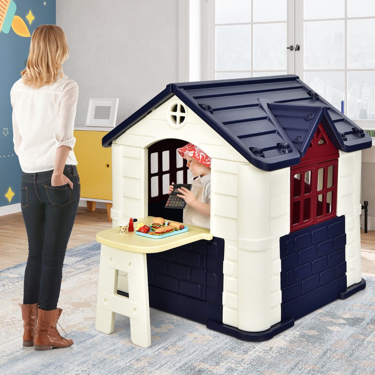 Chef House - Burger Bar Theme - UV-Resistant Plastic Garden Shed Picnic Table 164x124x132 cm Blue/Pink/Yellow -