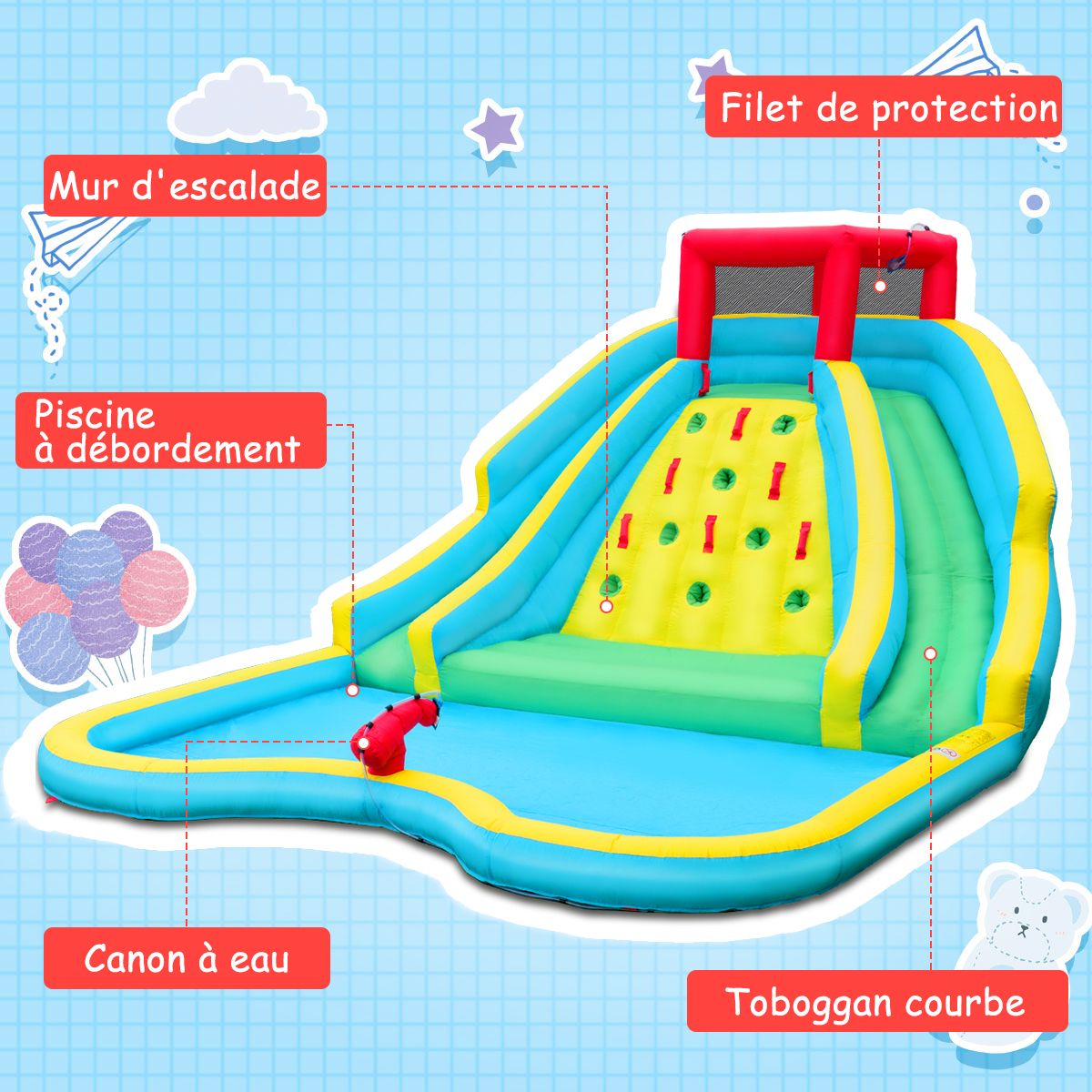 5-in-1 Inflatable Water Slide with Paddling Pool, Inflatable Oxford Play Area with Climbing Wall, Load Capacity 150kg for Ages 3-10 (Blower Not Included)