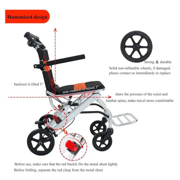 Ultra-Light Portable Folding Wheelchair, Travel-Friendly with Handbrake, 220 lbs Capacity, Ideal for Elderly & Children, 34.2?32.6 Unfolded Dimensions