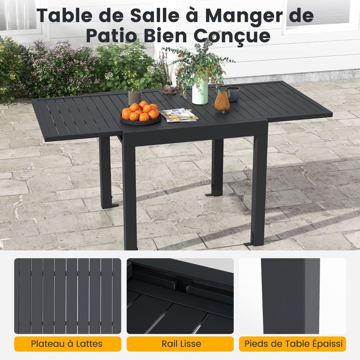 Extendable Aluminum Garden Table, Adjustable from 80 to 160 CM, Outdoor Dining Table with Slatted Top for 4-6 People, Dark Grey