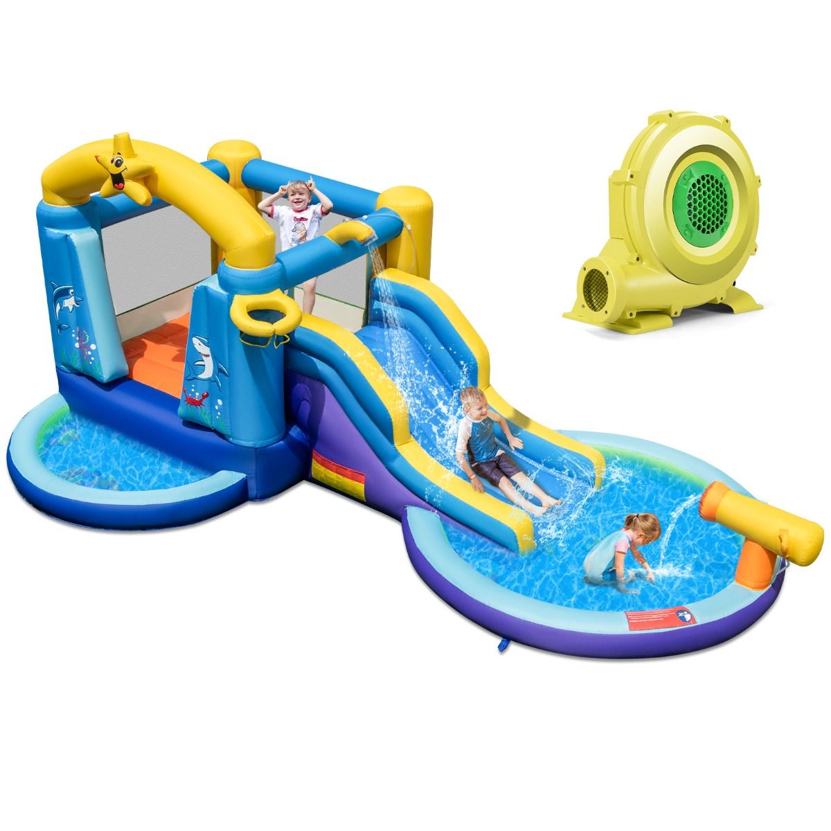 6-in-1 Ocean Inflatable Castle with 680W Blower, Water Slide & 2 Pools, Inflatable Bounce House, 90kg Load Capacity -