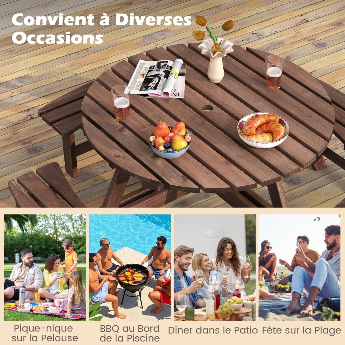 Wooden Picnic Table Set for 2 to 8 People, Circular Table and Bench Set with 4 Integrated Benches, 5cm Parasol Hole, Brown/Yellow -