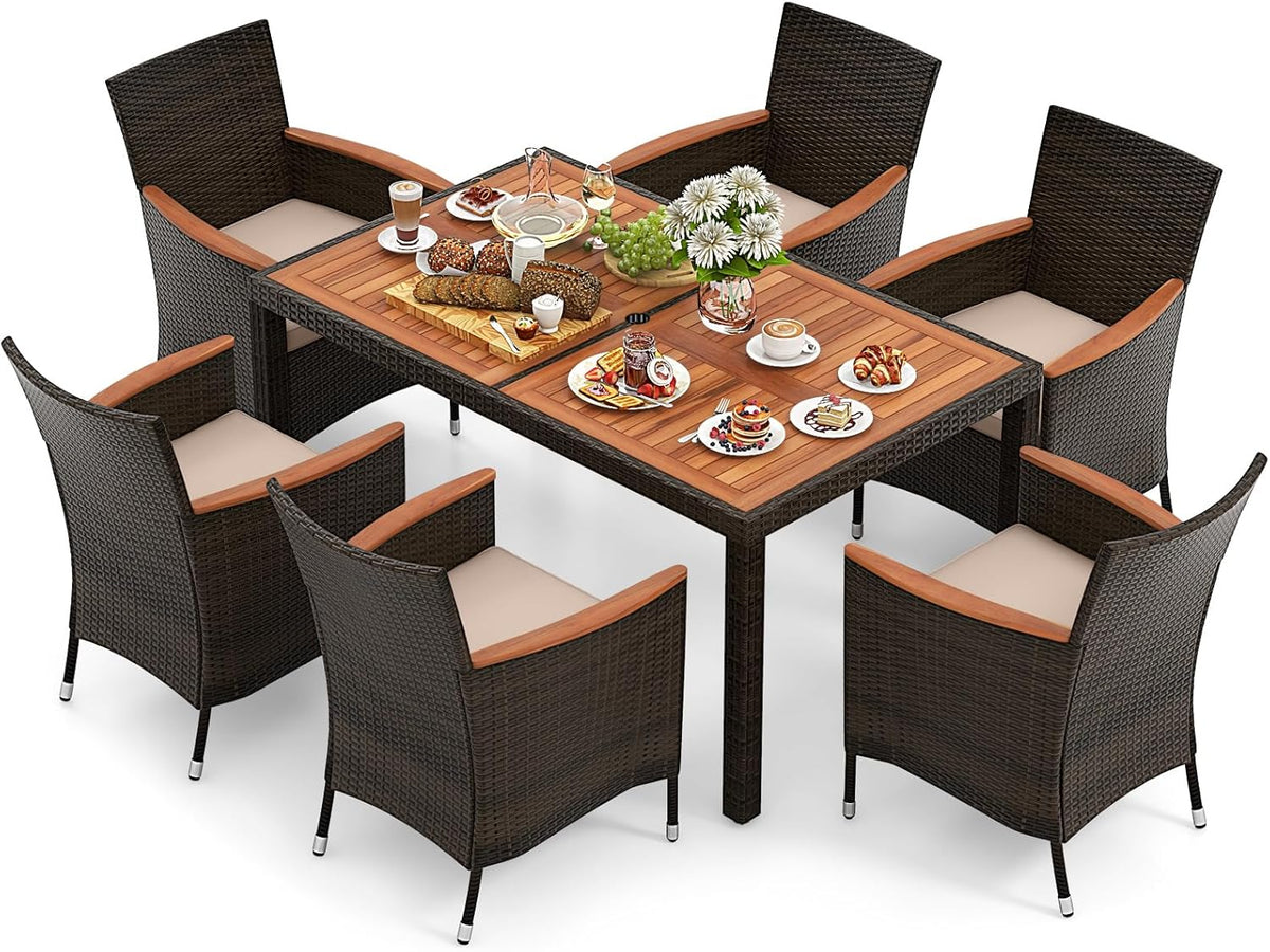 GIANTEX 6-Person Rattan and Acacia Wood Garden Furniture Set, Outdoor Garden Table with 6 Chairs, Cushions, Parasol Hole, Adjustable Legs, for Patio, Picnic, Brown