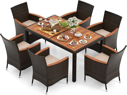 GIANTEX 6-Person Rattan and Acacia Wood Garden Furniture Set, Outdoor Garden Table with 6 Chairs, Cushions, Parasol Hole, Adjustable Legs, for Patio, Picnic, Brown