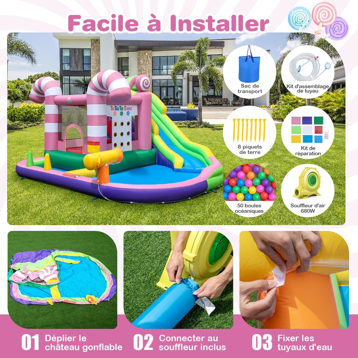 9-in-1 Candy-Shaped Inflatable Castle with Slide, Inflatable Jump House with Water Gun, 90kg Load Capacity for 2 Children Aged 3-10 Years -