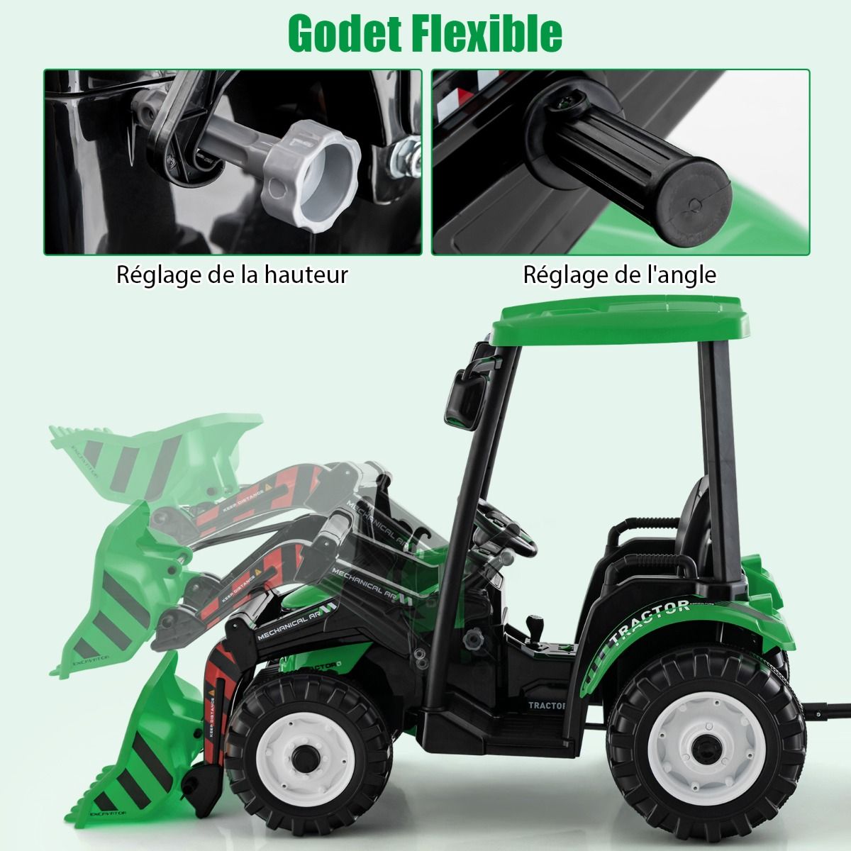 12V Electric Tractor for Children with Detachable Shovel & Trailer, 6-Wheel Electric Vehicle with Remote Control & Music, 3-6 km/h for Ages 3-8, Yellow/Green