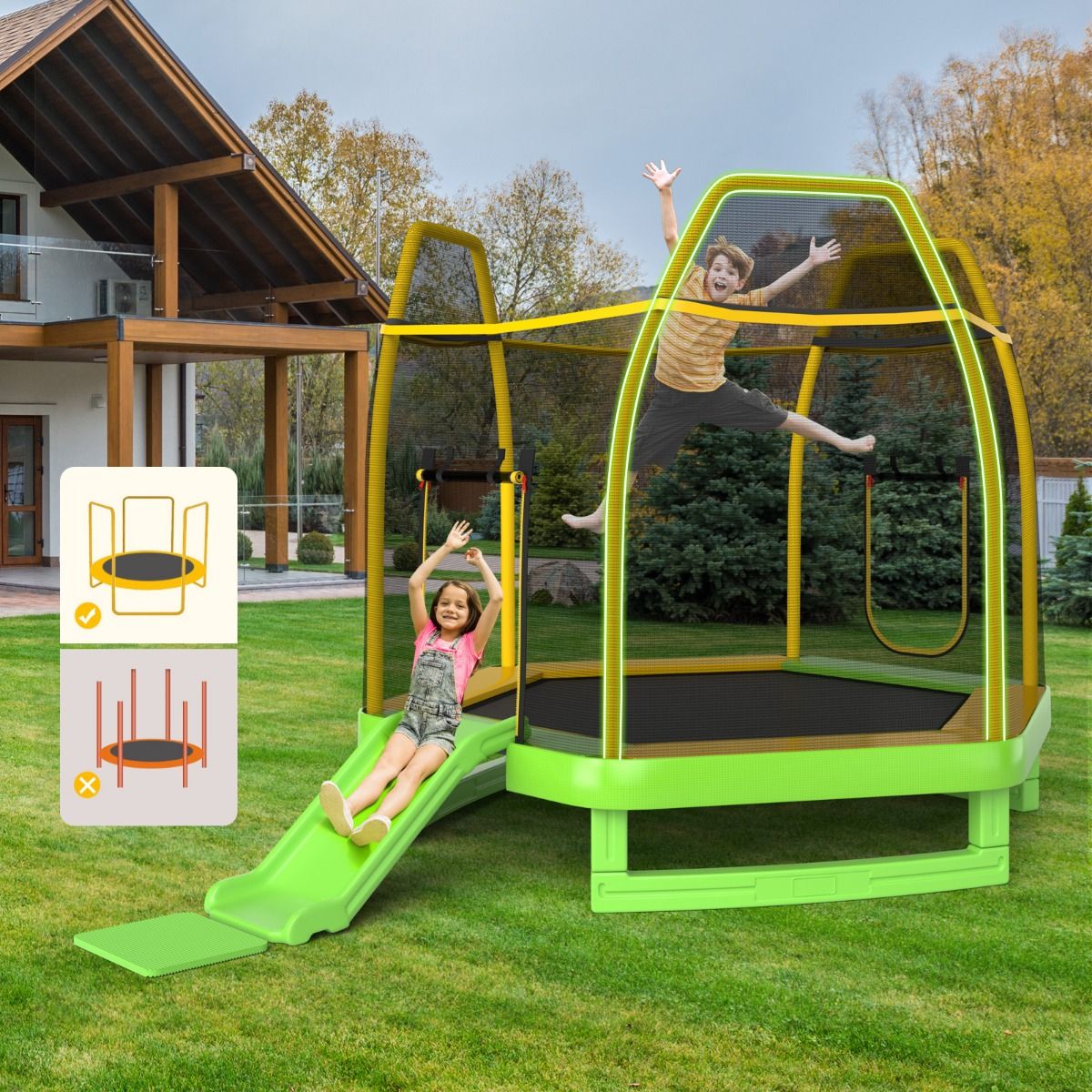 Outdoor Trampoline ? 223cm with Slide & Ladder with Safety Net, 2 U-Shaped Doors, Load Capacity 270kg for 2-3 Children Aged 3+, Blue/Green