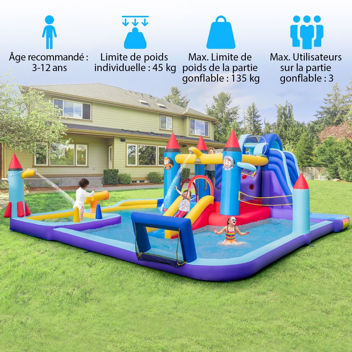 Inflatable Castle with Water Slides, Rocket Theme for Children, Swimming Pool, Jumping Area, Water Gun, Climbing Wall, 850W Blower, Multicoloured -