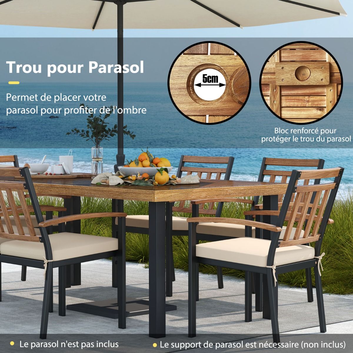 200cm Garden Table for 8 People, Acacia Wood Outdoor Table with Parasol Hole (5cm Diameter), Slatted Design, Metal Legs -