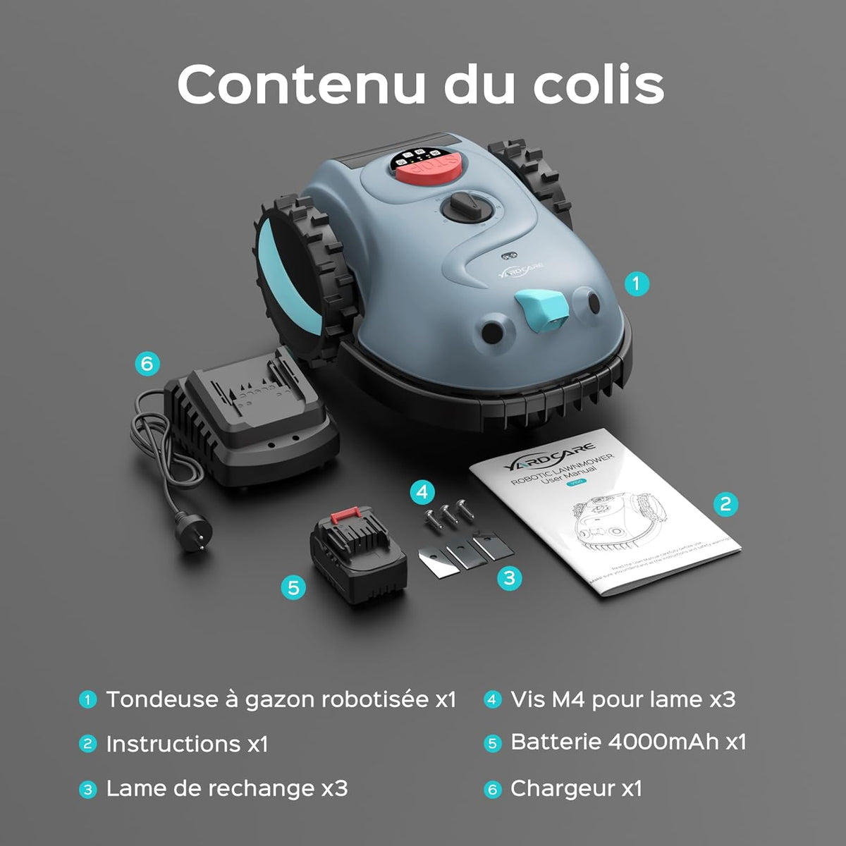 YARDCARE V100 Cordless Robotic Lawnmower with Peripheral, Vision Navigation, Obstacle Avoidance (150 Types), Robotic Lawnmower with 4 Ah Battery, Spare Blade