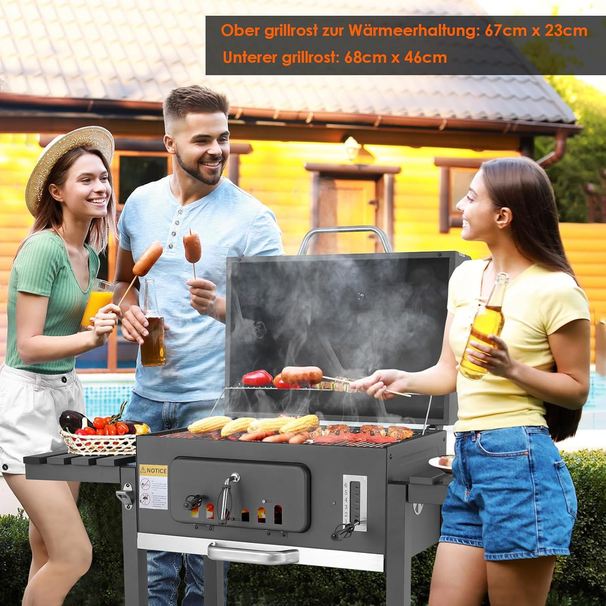 XL Charcoal Barbecue, Barbecue Cart, XL Charcoal Grill with Lid, Wheels and Thermometer, Height Adjustable, Large Charcoal Barbecue, for Camping and Garden, Black