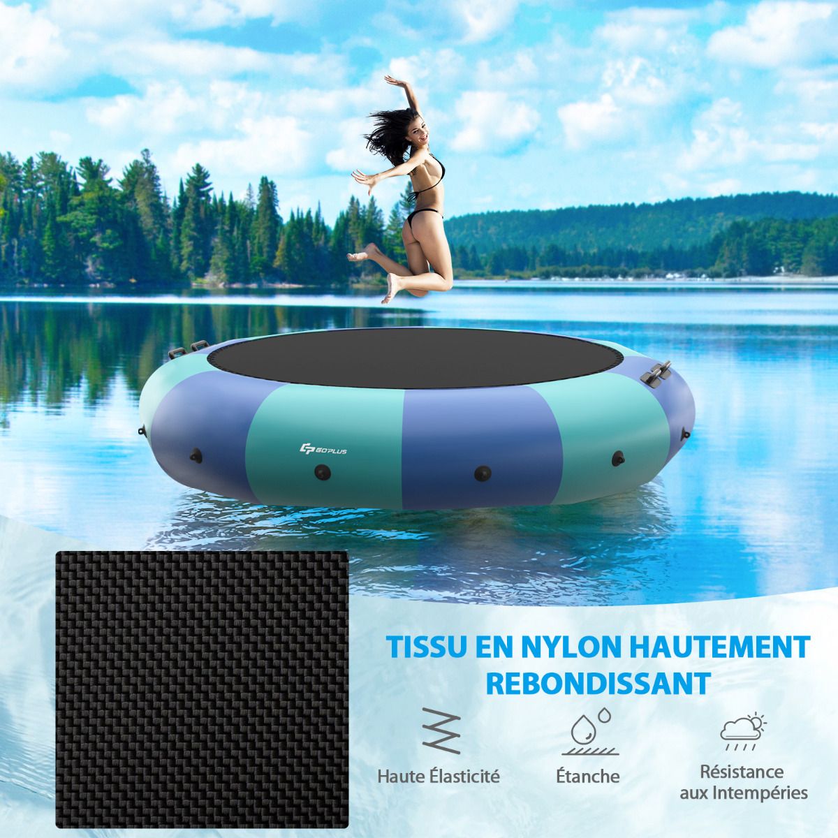 Inflatable Water Trampoline, 457cm Diameter, 150kg Capacity, with Repair Kit, Ladder and 500w Electric Inflator, Blue -