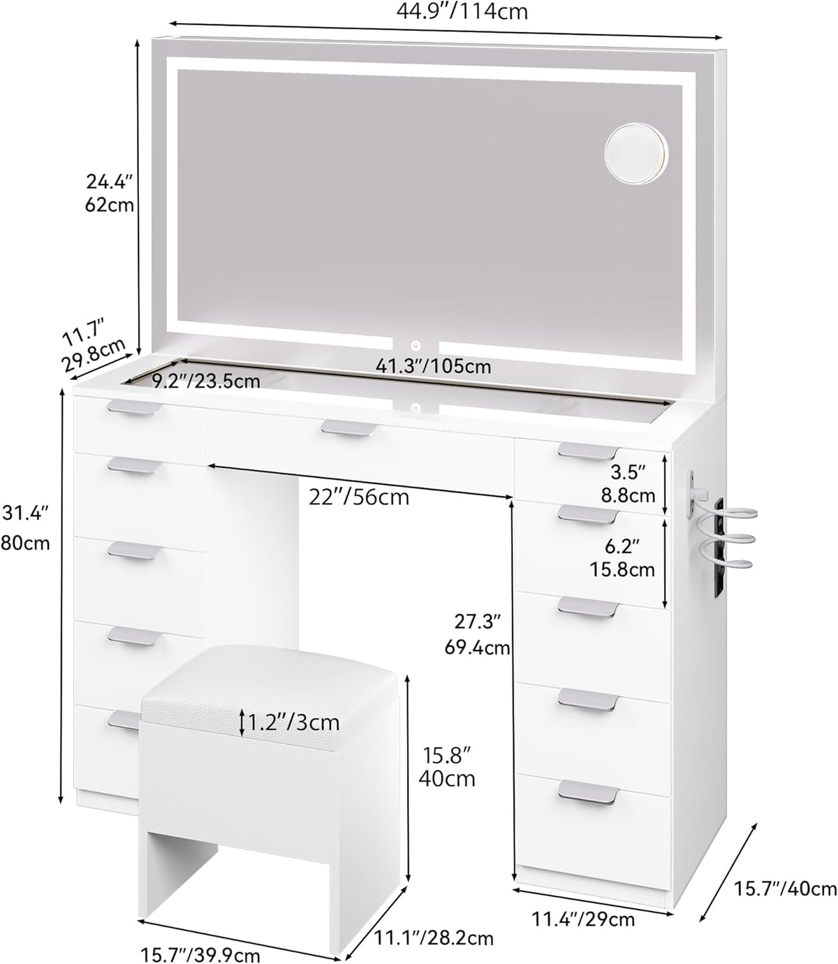 YITAHOME Large Dressing Table with Adjustable LED Lighting and Electrical Outlets, Dressing Table with Mirror, Clear Glass Top, 11 Drawers and Stool, White