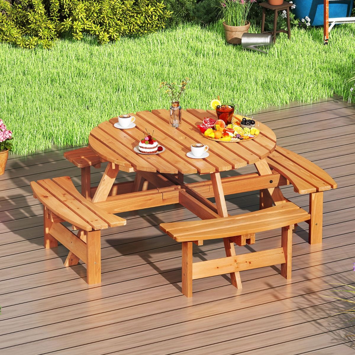 Wooden Picnic Table Set for 2 to 8 People, Circular Table and Bench Set with 4 Integrated Benches, 5cm Parasol Hole, Brown/Yellow -