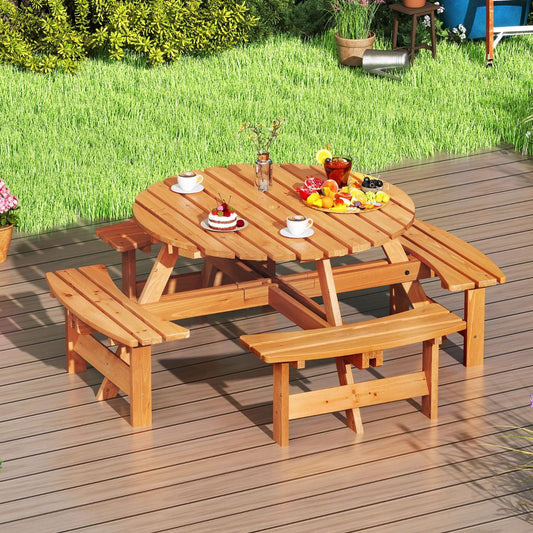 Wooden Picnic Table Set for 2 to 8 People, Circular Table and Bench Set with 4 Integrated Benches, 5cm Parasol Hole, Brown/Yellow -