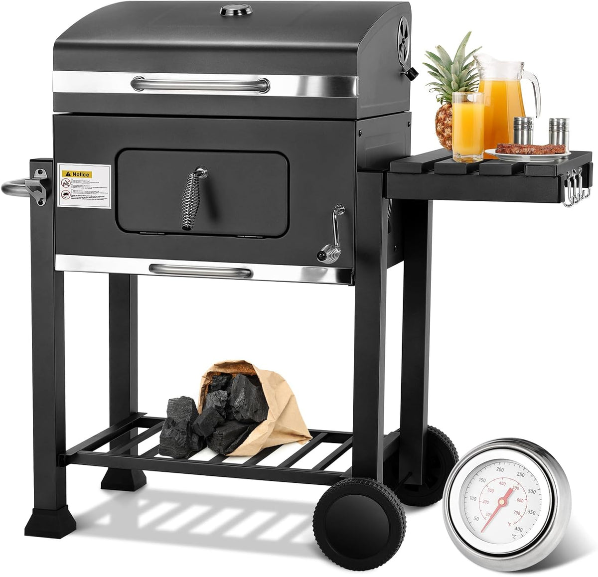 XL Charcoal Barbecue, Barbecue Cart, XL Charcoal Grill with Lid, Wheels and Thermometer, Height Adjustable, Large Charcoal Barbecue, for Camping and Garden, Black