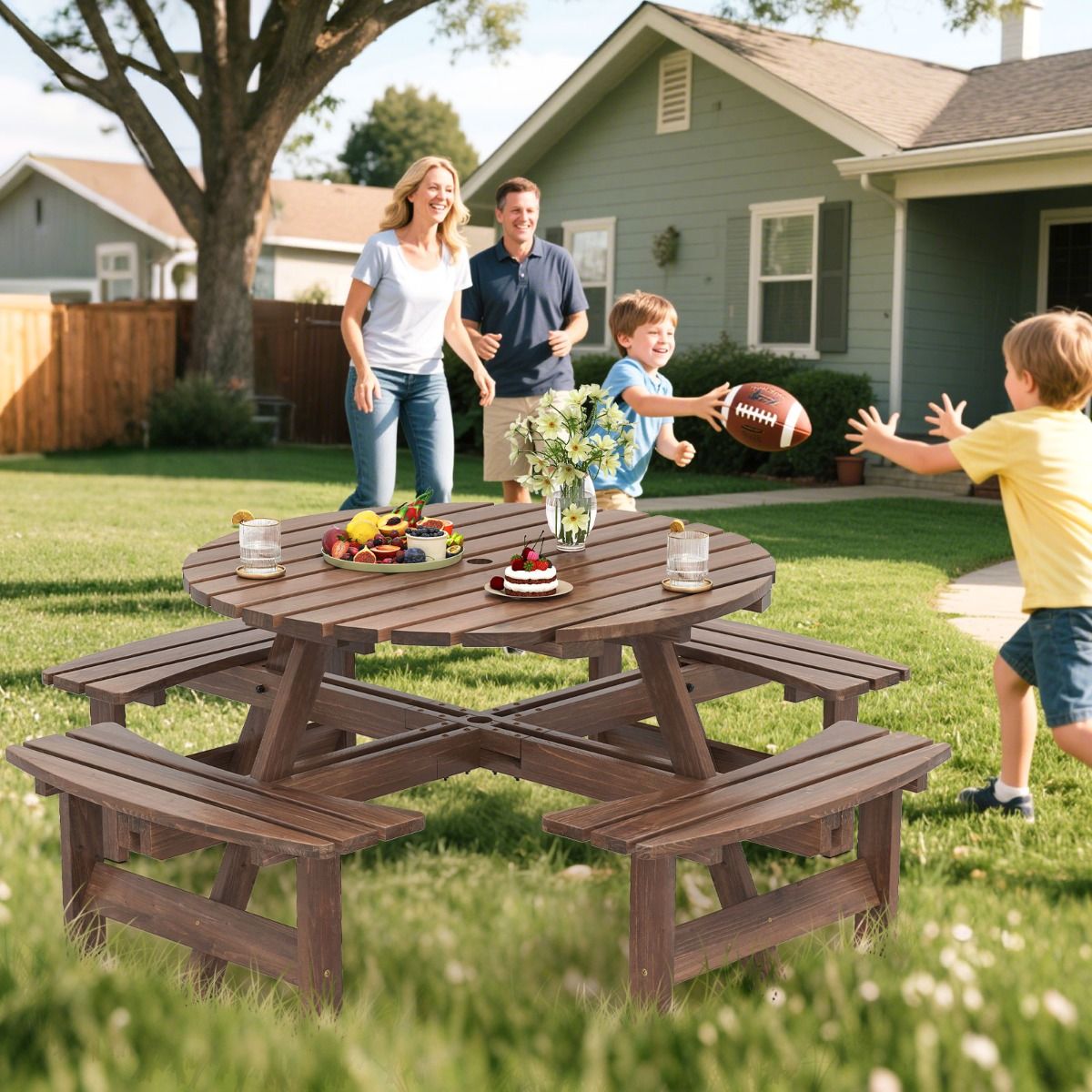 Wooden Picnic Table Set for 2 to 8 People, Circular Table and Bench Set with 4 Integrated Benches, 5cm Parasol Hole, Brown/Yellow -