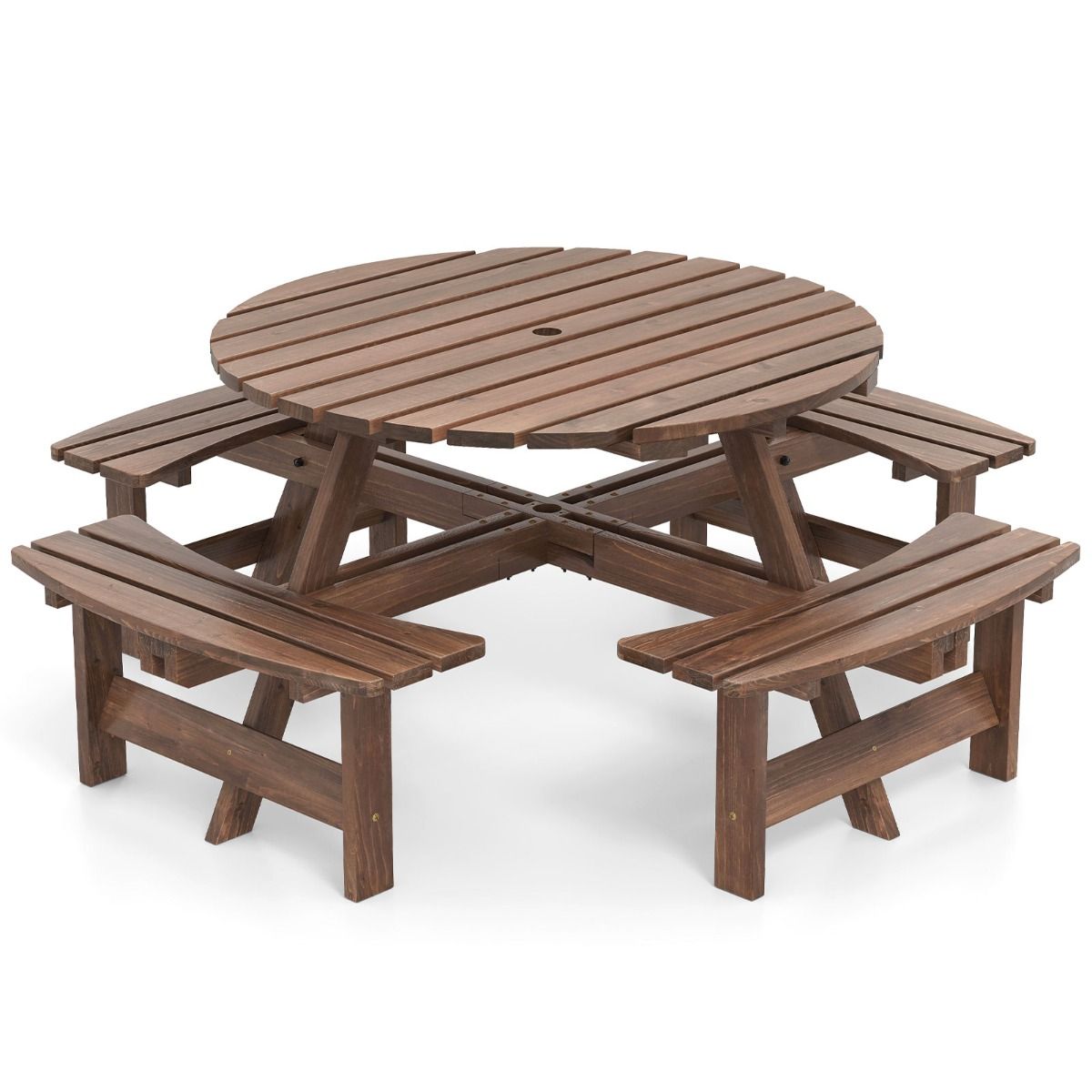 Wooden Picnic Table Set for 2 to 8 People, Circular Table and Bench Set with 4 Integrated Benches, 5cm Parasol Hole, Brown/Yellow -