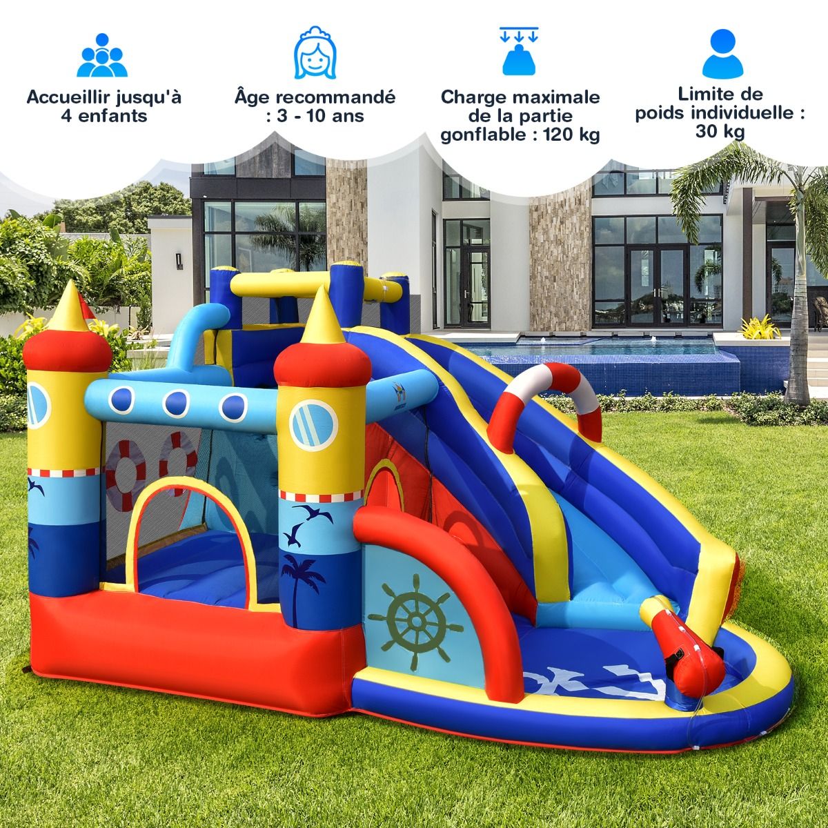 Inflatable Boat-Style Castle with Curved Slide, Jumping Area, Climbing Wall with 450W Inflator -