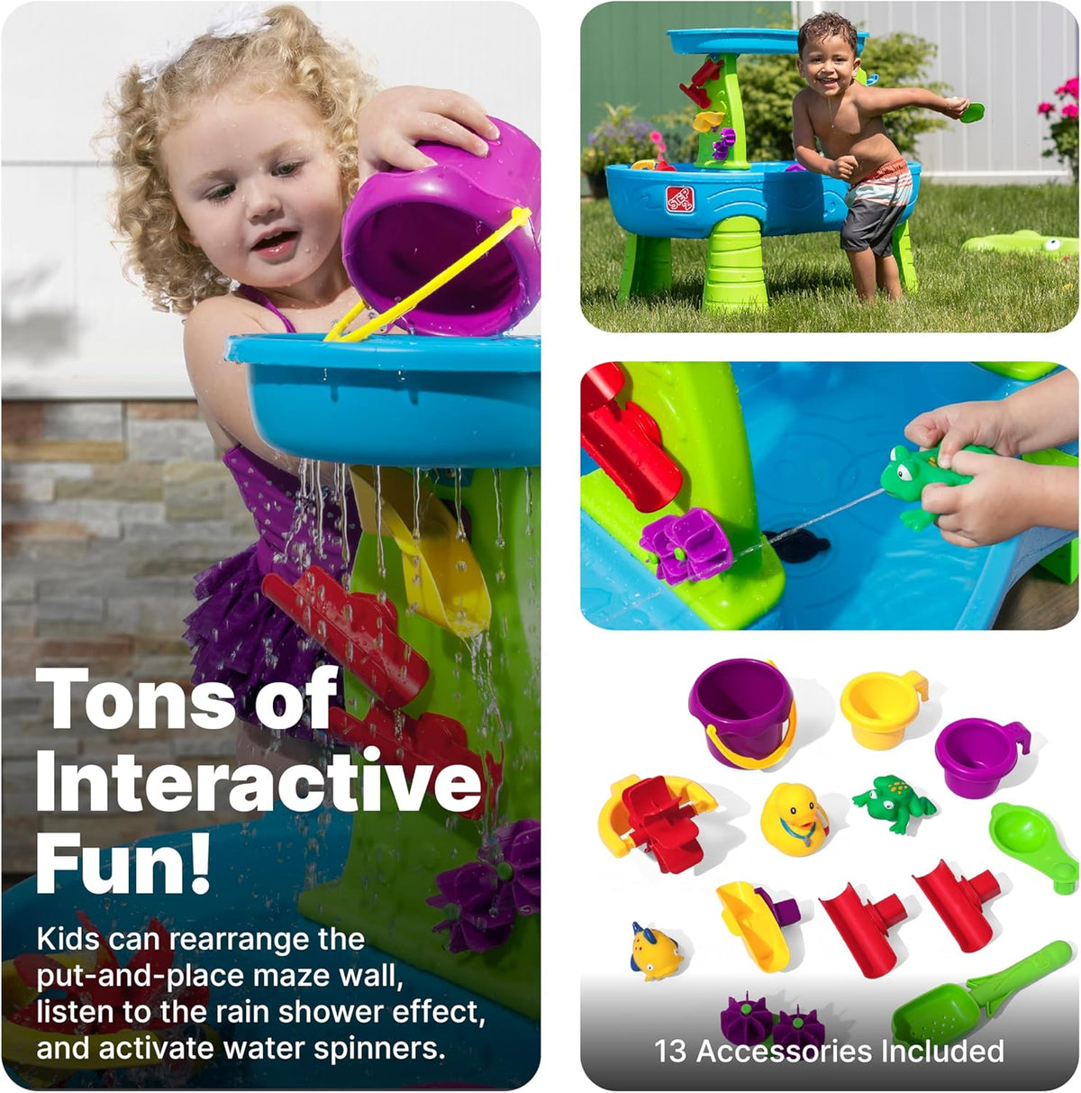 Rain Shower Splash Water Table with 13 Accessories - Blue & Green | Water Play Table | Garden Activity Table, Water Activity Table | Outdoor Water Table