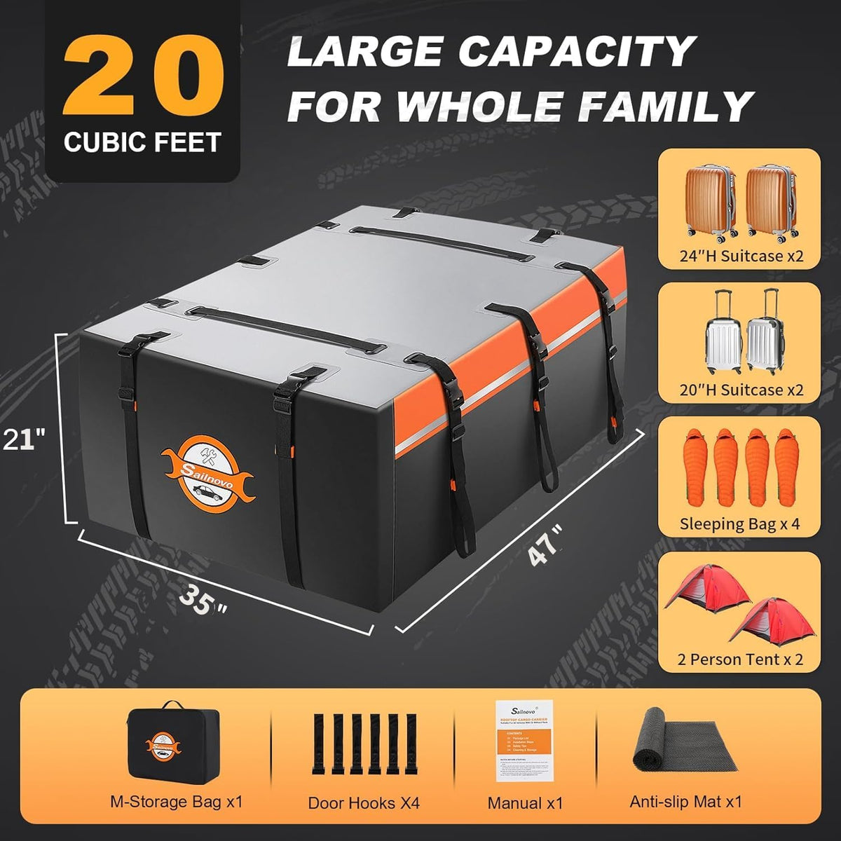 Sailnovo 0.6 m3 Soft Roof Box with Anti-Slip Mat + 6 Door Hooks, Waterproof PVC Roof Bag for Cars with/without Roof Rack, Black