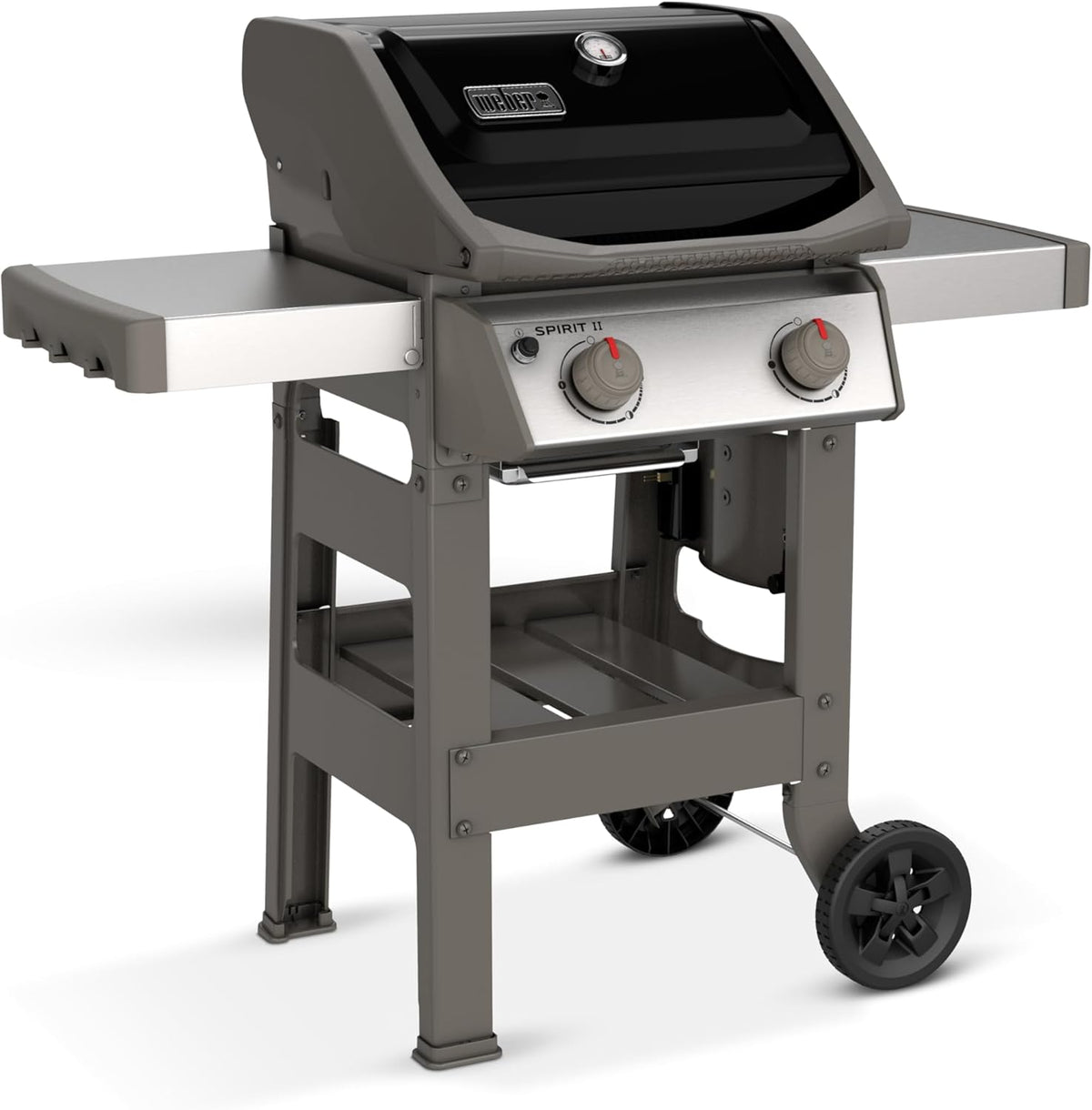 Spirit II E-210 GBS Gas Barbecue, 2 Burners, Cooking Surface 51 x 46 cm, Lid Thermometer, Folding Side Table (Left), 4 Wheels - Black and Silver (44010153)