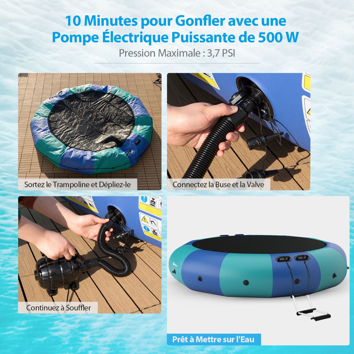 Inflatable Water Trampoline, 457cm Diameter, 150kg Capacity, with Repair Kit, Ladder and 500w Electric Inflator, Blue -