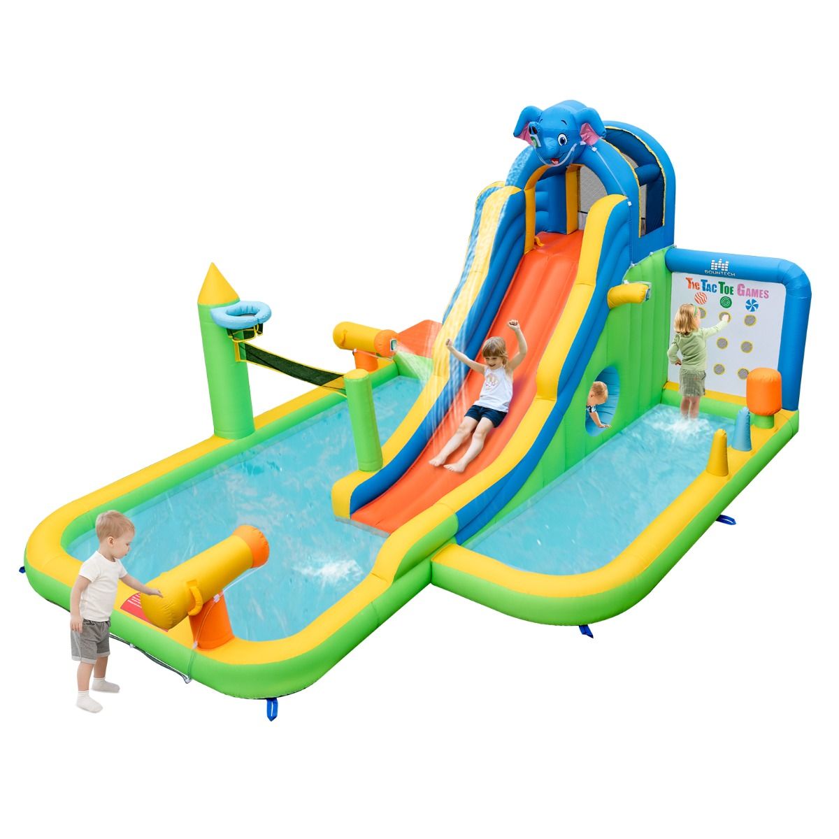 Giant Inflatable Water Slide for Children, Safe Splash Pool, Climbing Wall, Water Cannons, Ring Toss, Hoop (Blower Not Included), Multicolored