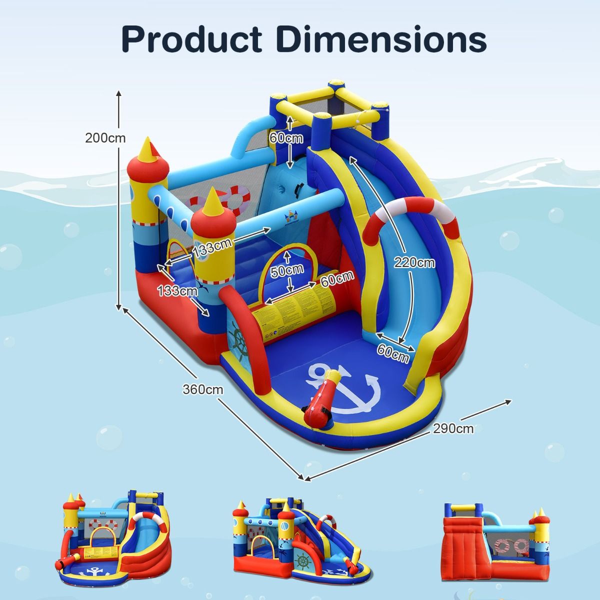 Inflatable Boat-Style Castle with Curved Slide, Jumping Area, Climbing Wall with 450W Inflator -