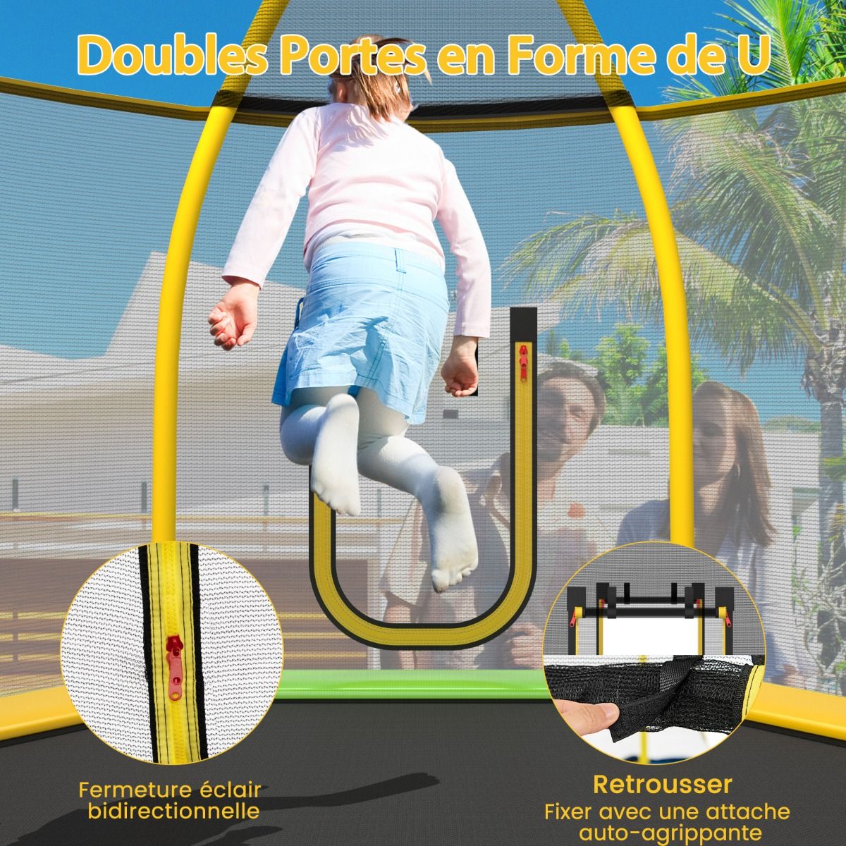Outdoor Trampoline ? 223cm with Slide & Ladder with Safety Net, 2 U-Shaped Doors, Load Capacity 270kg for 2-3 Children Aged 3+, Blue/Green