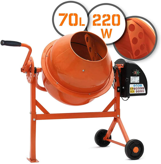 Electric concrete mixer, 70-litre capacity, 220 watts, with steel wheels, portable concrete mixer for cement, concrete, mortar, plaster, screed, orange and black 01_0001116 -